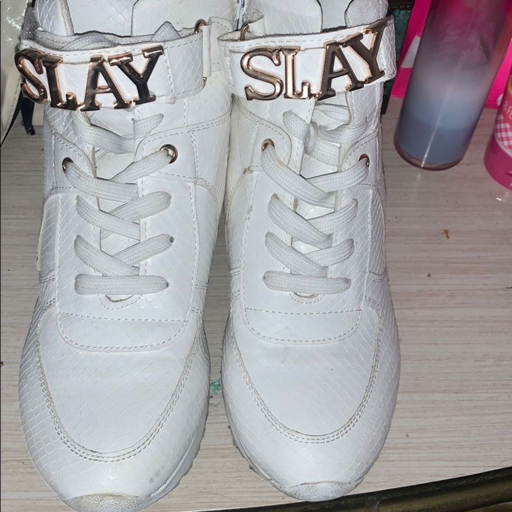 All White Shoes That Say “ Slay “ In Gold